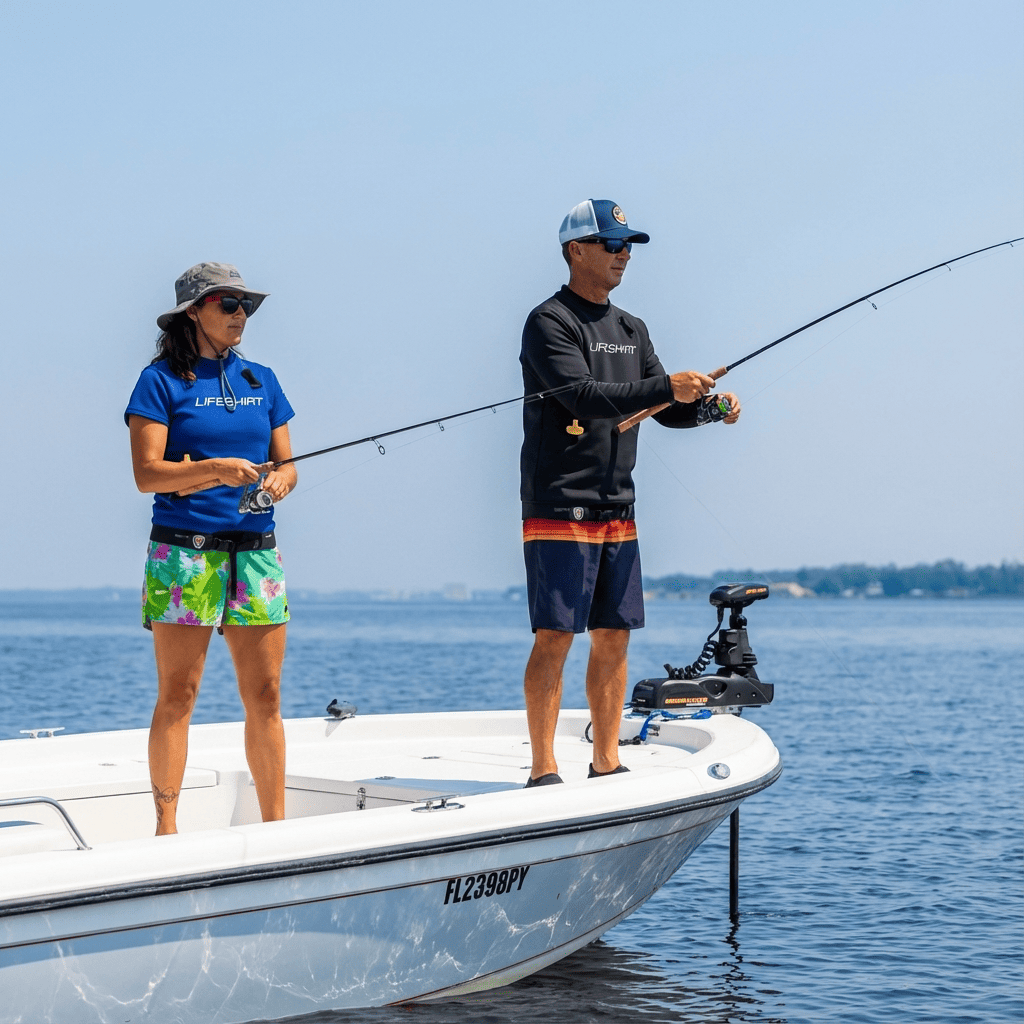 Couple fishing using Lifeshirt's personal flotation device